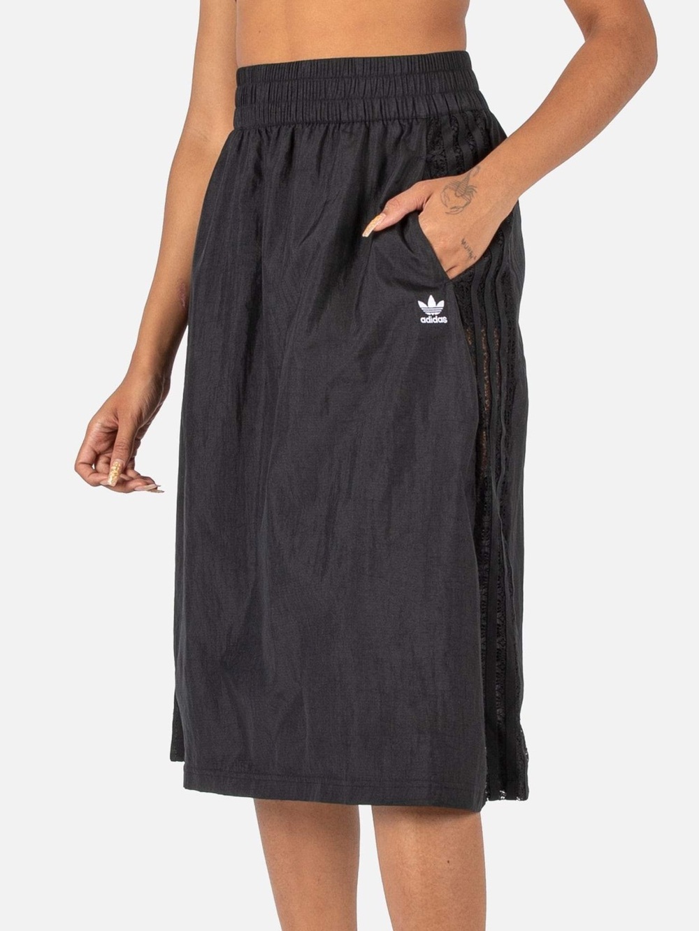 Adidas black poplin midi skirt black with lace & 3-stripes detail - Picture 3 of 5
